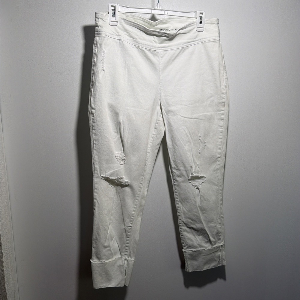 INC Denim Pull On Straight Cropped Pants Size 10/30 White Stretch Distressed